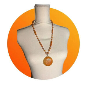 Vintage Carnelian Amber Bead Necklace with Engraved Pendant Orange